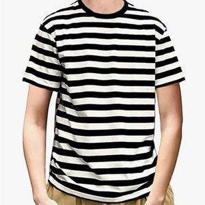 Ezsskj Men's Black and White Striped T Shirt Short Sleeve Crew Neck Tee SMALL